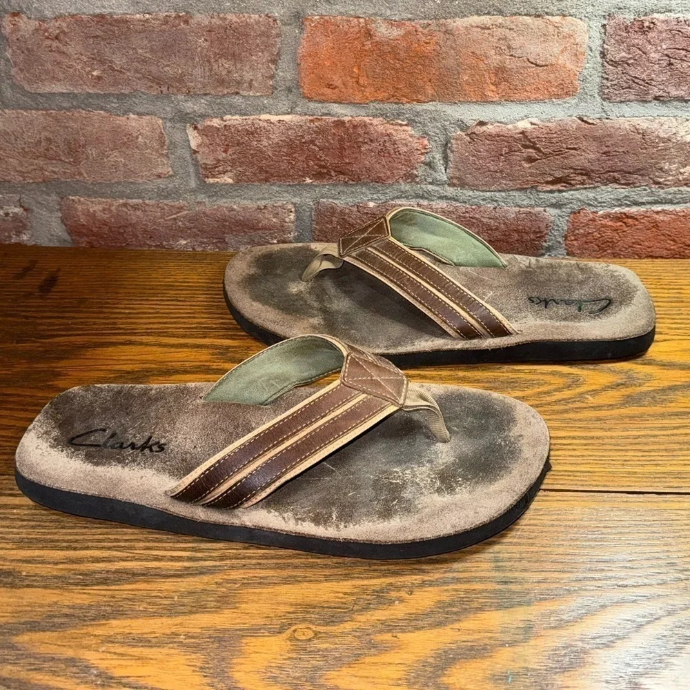 Clarks BROWN GENUINE LEATHER THONGS FLIP FLOP MEN'S SANDALS Sz 13M